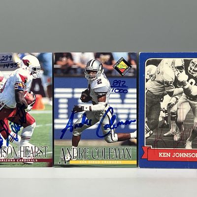 (3) Assorted Football Auto Cards - Garrison Hearst  - Ken Johnson is an in-person signature and signed on front and back