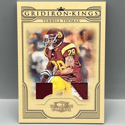 Sale Photo Thumbnail #110: 2008 Donruss Threads Terrell Thomas Gridiron Kings Dual Game Used Patch #/25