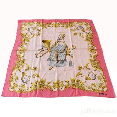 Vintage Celine Hunting Motif Pink Silk Scarf 90 cm