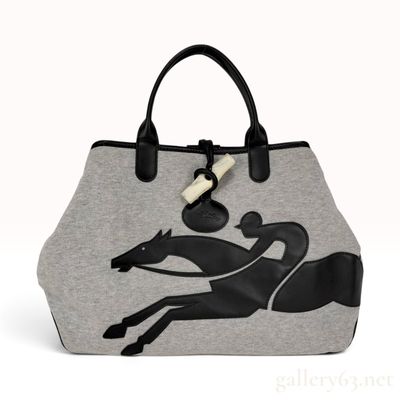 Longchamp Roseau Grey Jersey and Black Leather Tote Bag
