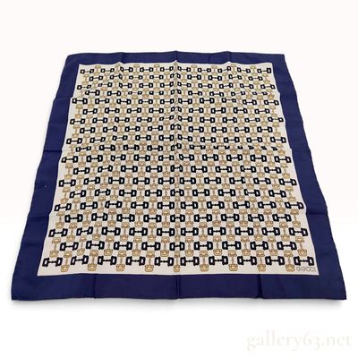 Vintage Gucci Horsebit Motif Navy and Cream Silk Scarf 67 cm