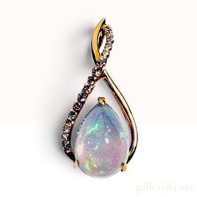 18 Karat Yellow Gold 3.14ct Opal and 0.18ctw Natural Diamond Pendant