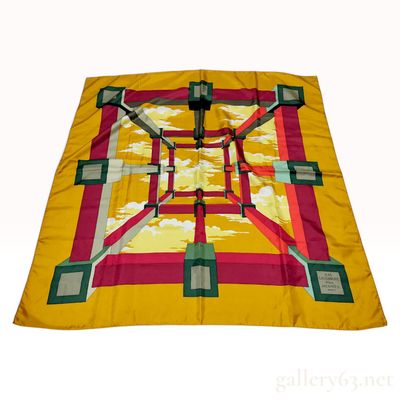 Vintage Hermes Perspective Mustard and Burgundy Silk Carre 90