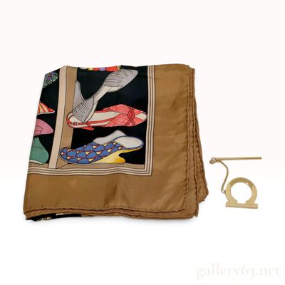 Vintage Salvatore Ferragamo Shoe Museum Silk Scarf Carre 90 with Gancini Scarf Ring