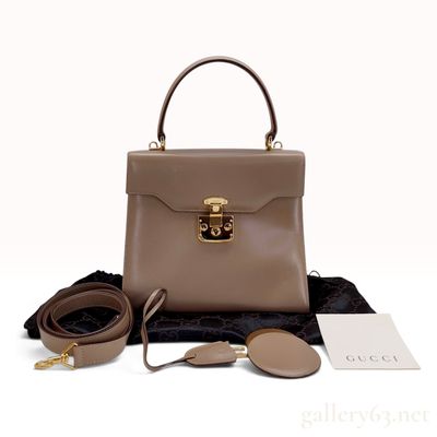 Vintage Gucci Taupe Smooth Leather Top Handle Bag with Dust Bag and Mirror