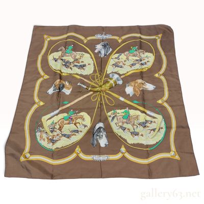 Sale Photo Thumbnail #224: Vintage Hermes Le Laisser Courre Brown Silk Carre 90