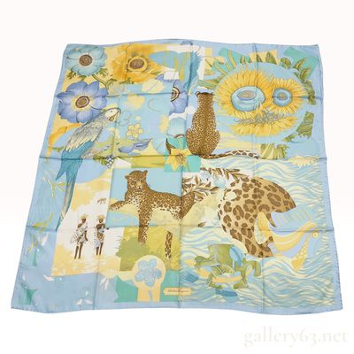 Vintage Salvatore Ferragamo Wildlife Collage Print Blue Silk Scarf 90 cm with Box