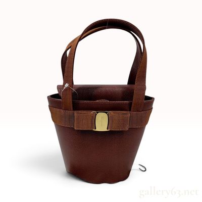 Sale Photo Thumbnail #185: A Vintage Salvatore Ferragamo Brown Lizard Embossed Leather Vara Bow Bucket Bag