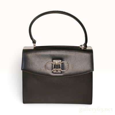 Salvatore Ferragamo Gancini Black Saffiano Leather Top Handle Bag