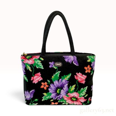 Feiler Floral Pattern Black Chenille Zip-Top Tote Bag