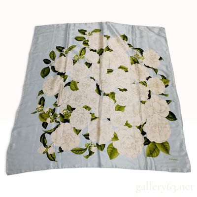 Vintage 90cm Silk Chanel Camellia Floral Pale Blue Scarf