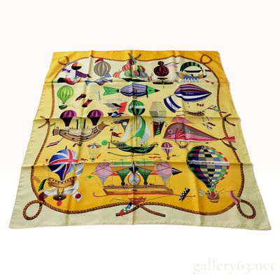 Hermes Les Folies du Ciel Yellow Silk Carre 90