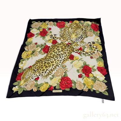 Vintage Salvatore Ferragamo Leopard and Rose Silk Scarf 90cm with Box