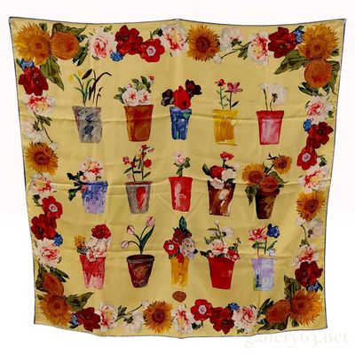 Vintage Gucci Floral Garden Pots Yellow Silk Scarf 90 cm