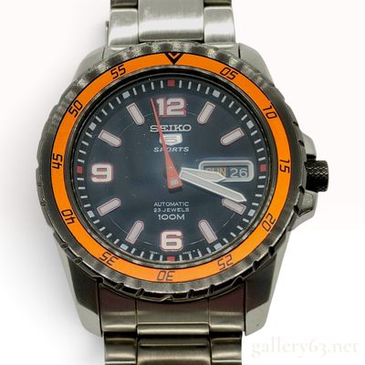 Sale Photo Thumbnail #240: 42mm Seiko 5 Sports Automatic Stainless Steel Navy and Orange Wristwatch