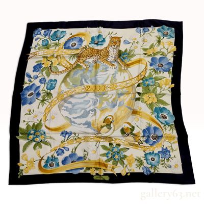 Sale Photo Thumbnail #204: Vintage Salvatore Ferragamo 2000 Leopard Floral Navy Silk Scarf 90 cm with Folder