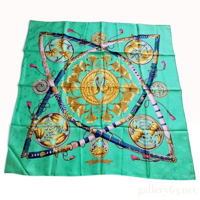 Sale Photo Thumbnail #268: Vintage Hermes Daimyo Princes du Soleil Levant Turquoise Silk Carre 90