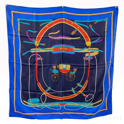 Sale Photo Thumbnail #123: Vintage Celine Horse Carriage Motif Blue Silk Scarf 90 cm