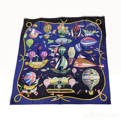 Sale Photo Thumbnail #107: Vintage Hermes Les Folies du Ciel (The Follies of the Sky) Blue Silk Carre 90