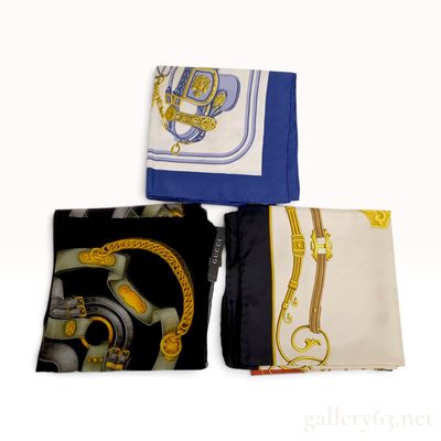 Sale Photo Thumbnail #175: Three Vintage Hermes Gucci and Celine Equestrian Motif Silk Scarves 90 cm and 60 cm