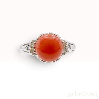 Antique Pt900 0.05ctw Natural Diamond and 8.4mm Red Coral Ring Size 7