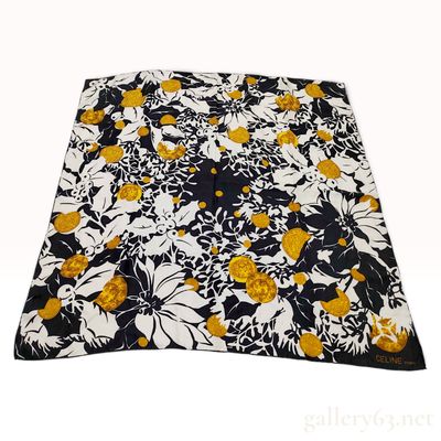 Vintage Celine Floral and Medallion Black and White Silk Scarf 90 cm
