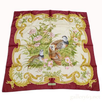 Salvatore Ferragamo Partridge and Floral Print Burgundy Silk Scarf 90 cm
