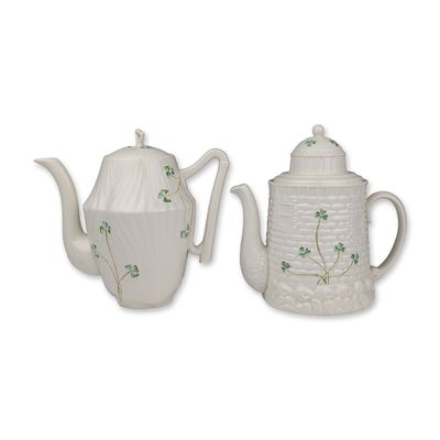Two Belleek Ireland Parian Porcelain  Teapots, Shamrock Pattern