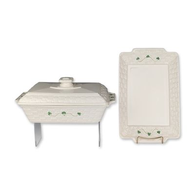 2pc Belleek Ireland Everyday Shamrock Ceramic Covered Casserole and Tray