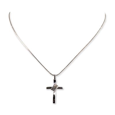 Sterling Silver Stylized Cross Pendant Necklace with Diamonds