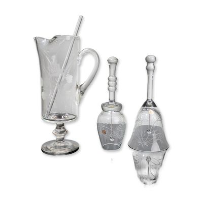 4pc Romanian Cut and Etched Glass Cocktail Pitcher and Hand Bells