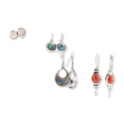 4 Pairs of Sterling Silver Abalone and Gemstone Earrings