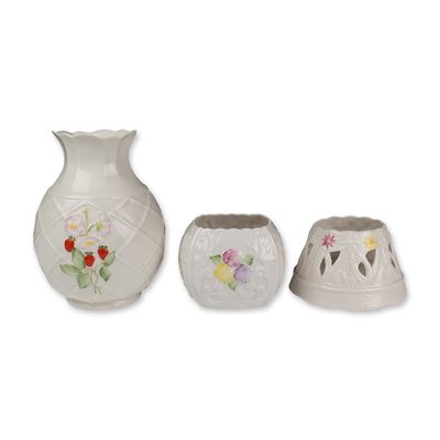 3pc Belleek Ireland Parian Porcelain Decorative Vases and Votive