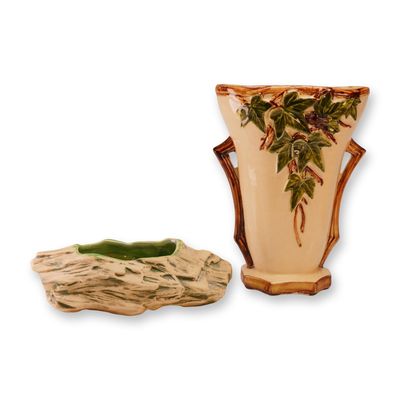 McCoy Art Pottery Ivy Pattern Double Handled Vase and Log Form Planter