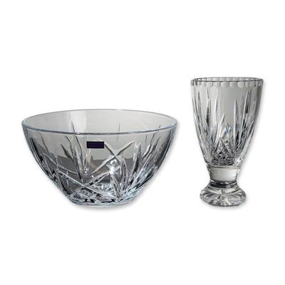 2pc Marquis by Waterford Crystal Brookside Glass Bowl and Unmarked Vase