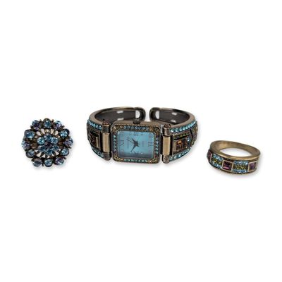 3pc Heidi Daus Bronze Tone Crystal Watch and Rings