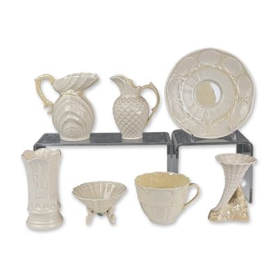 7pc Collection of Belleek Ireland Parian Porcelain Vases, Creamers, Cup and Saucer Set