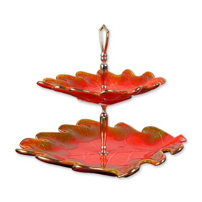 California Pottery Flame Glaze Ceramic Two-Tiered Leaf Server