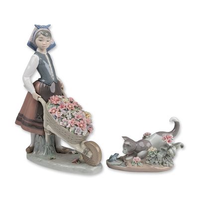Two Lladro Porcelain Figurines, Kitty Confrontation 01001442 and Barrow of Blossoms 01001419