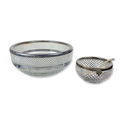 3pc English Cut Glass Bowls with Silver Plated Rims and Silverplated Spoon