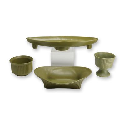 A Collection of Floraline and McCoy Green Pottery Bowls and Candleholders