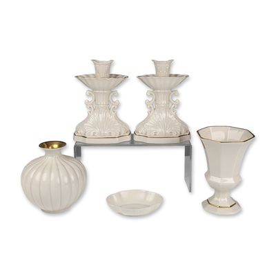 Collection of Five Lenox Cream Colored Porcelain Vases, Candle Holders and Nut Dish