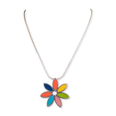 Sterling Silver Multi-Color Inlay Flower Pendant Necklace