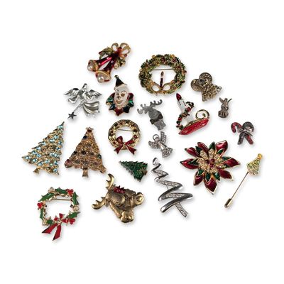 19pc Vintage Christmas Enamel and Rhinestone Jewelry Pieces