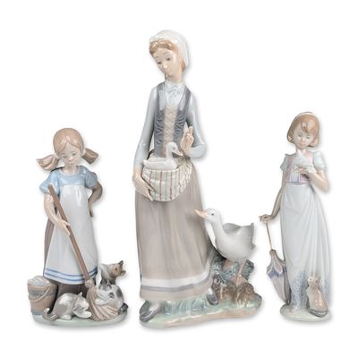 3pc Lladro Porcelain Figurines- Summer Stroll 7611, Playful Kittens 5232 & Girl with Goose 4815