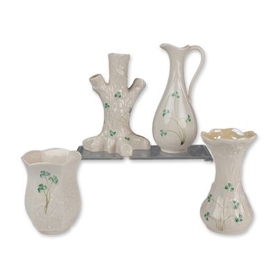 Collection of Four Belleek Ireland Shamrock Parian Porcelain Vases and Ewer