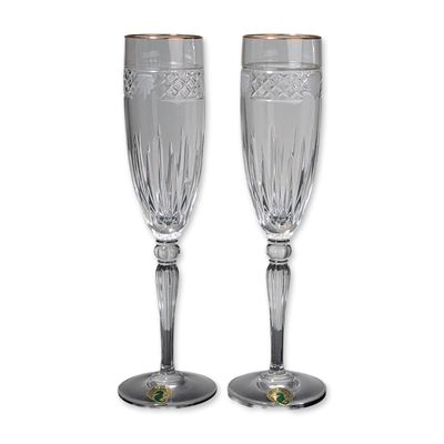 Pair of Waterford Crystal Champagne Flutes with Gilt Rim, Carleton Shell