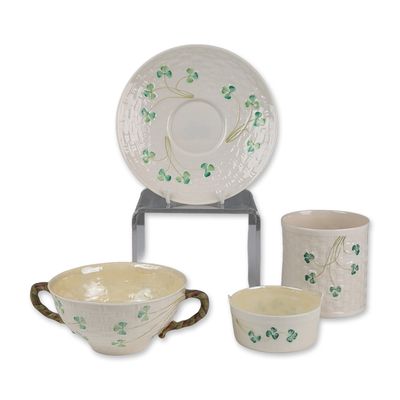 4pc Belleek Parian Porcelain Shamrock Tableware - Cup, Soup Cup, Basket and Plate
