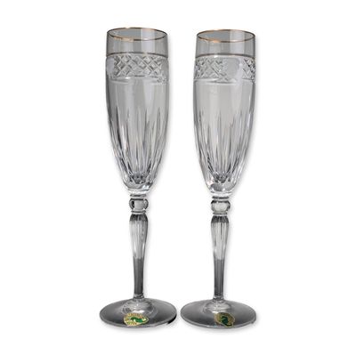 Pair of Waterford Crystal Champagne Flutes with Gilt Rim, Carleton Shell
