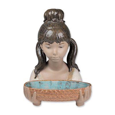 2pc Lladro Gres Porcelain Bust Sculpture, Gardener Girl with Basket 01012017
